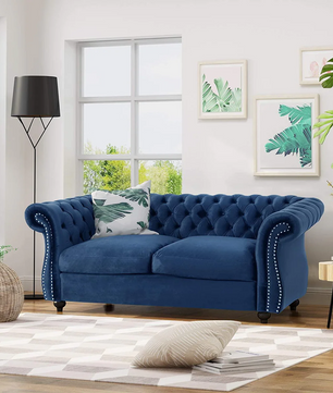 Karen Traditional Chesterfield Loveseat Sofa, Navy Blue and Dark Brown,