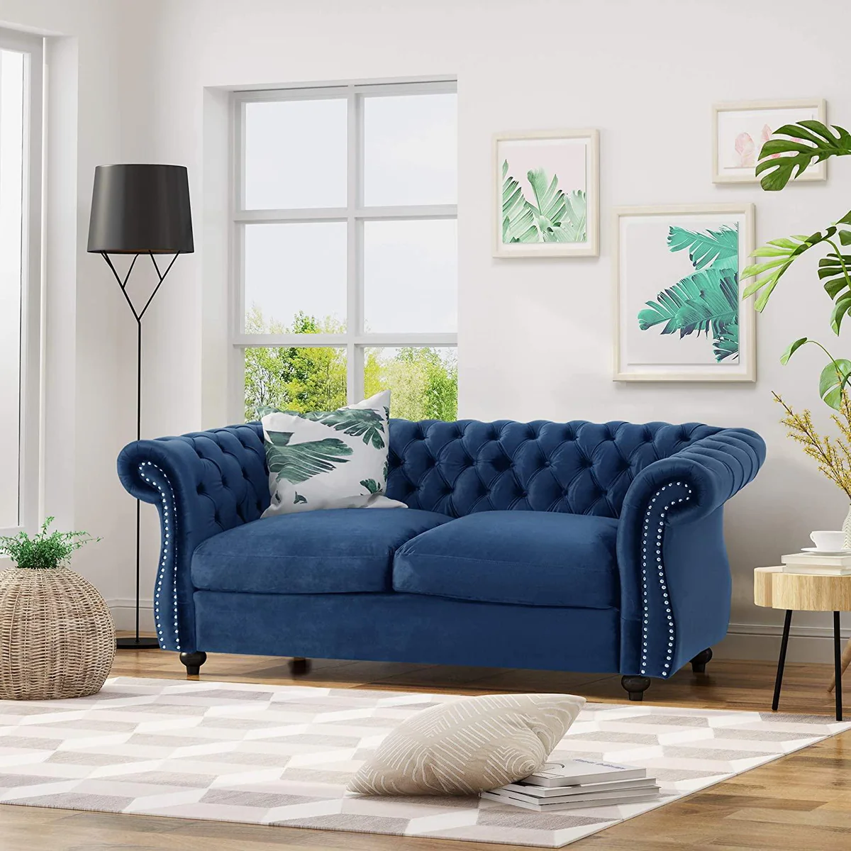 Karen Traditional Chesterfield Loveseat Sofa, Navy Blue and Dark Brown,
