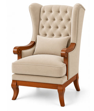 Orvella Teak Wood Wing Chair In Beige Colour