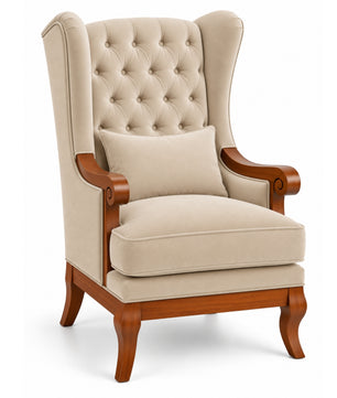 Orvella Teak Wood Wing Chair In Beige Colour