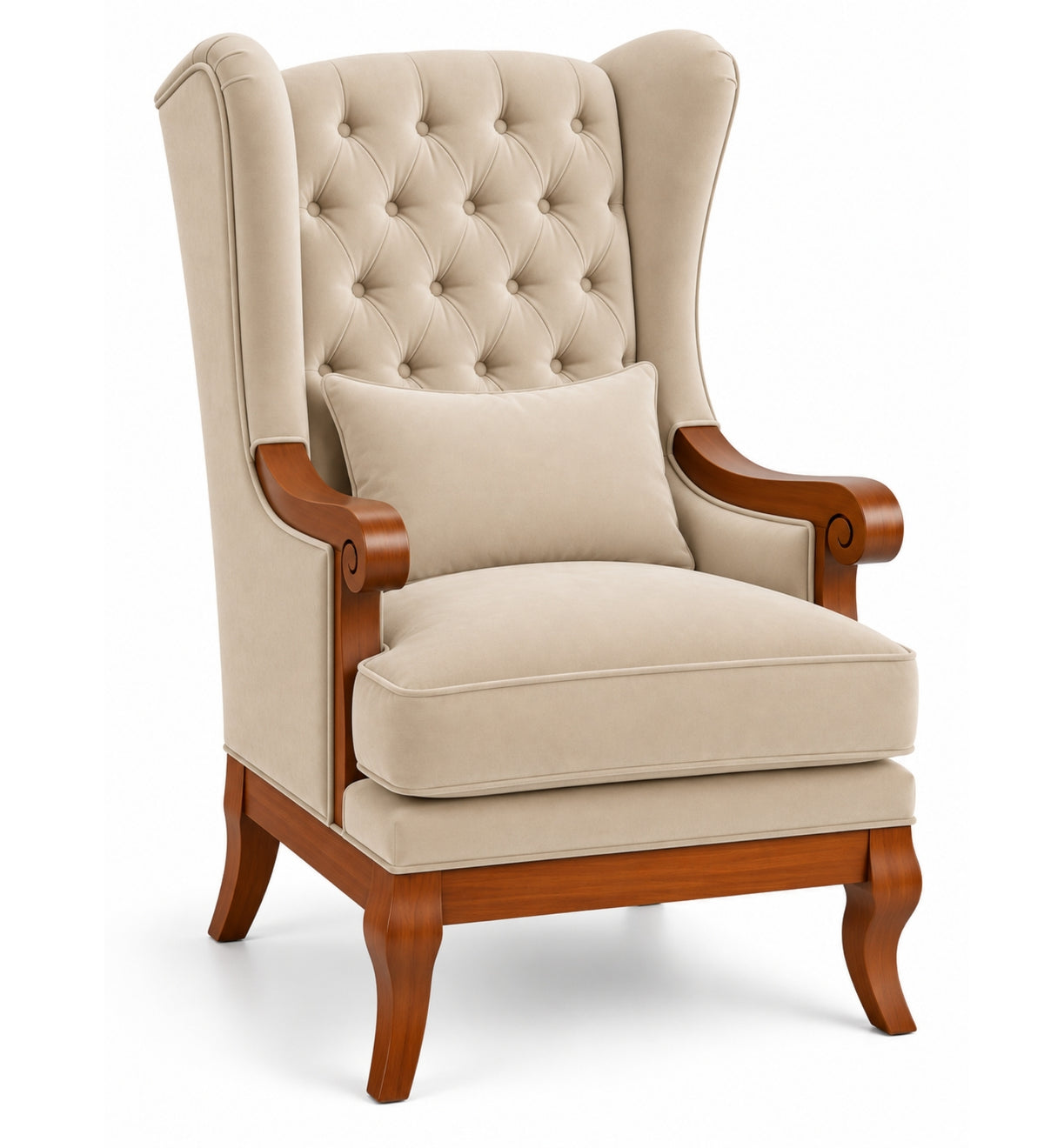 Orvella Teak Wood Wing Chair In Beige Colour
