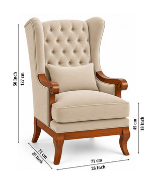 Orvella Teak Wood Wing Chair In Beige Colour