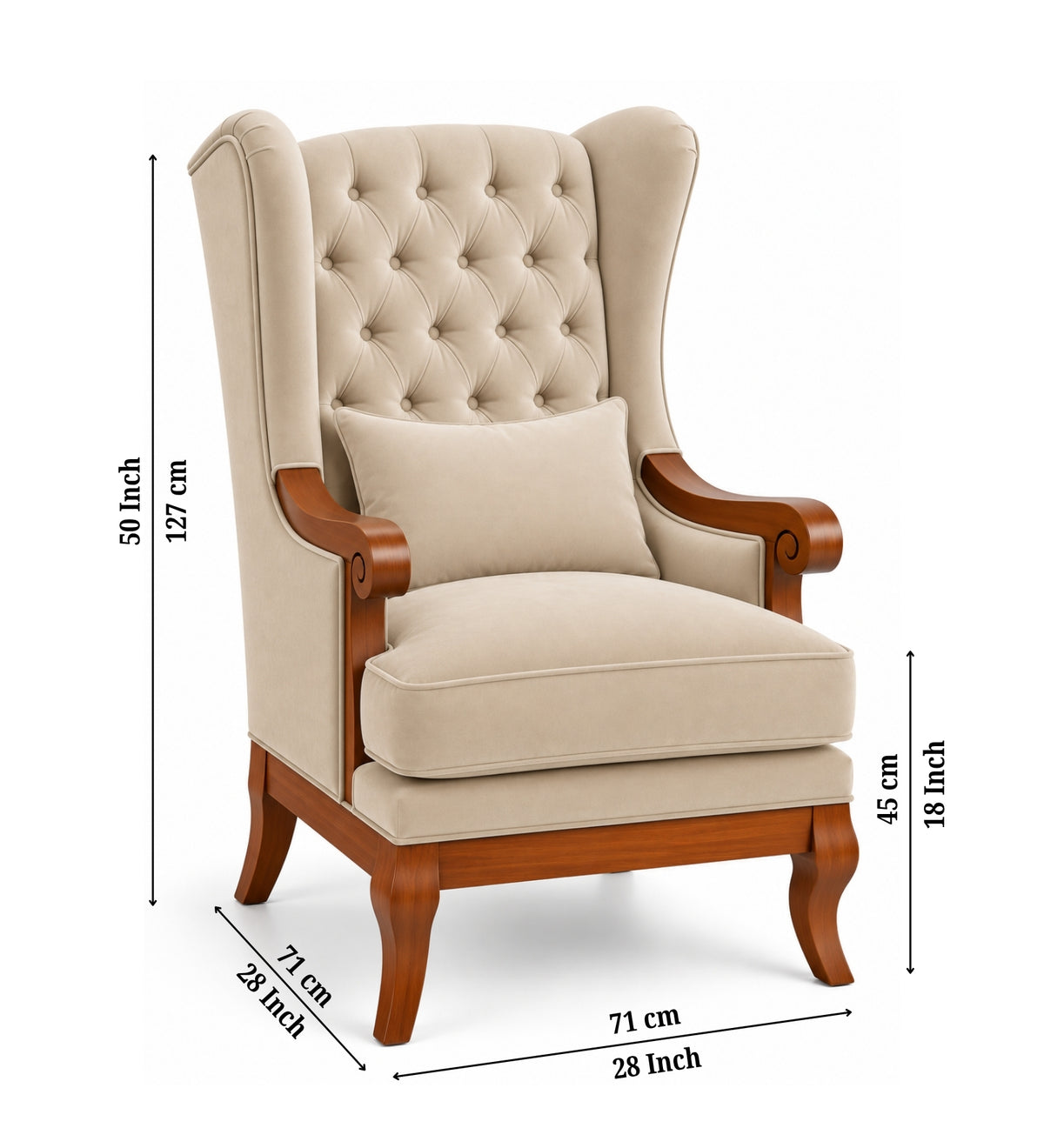 Orvella Teak Wood Wing Chair In Beige Colour