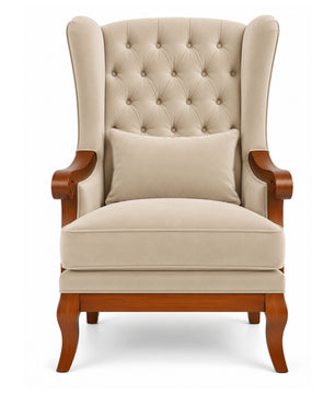 Orvella Teak Wood Wing Chair In Beige Colour