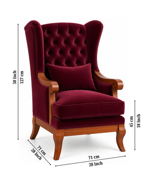 Teak Wood Wing Chair In Maroon Colour