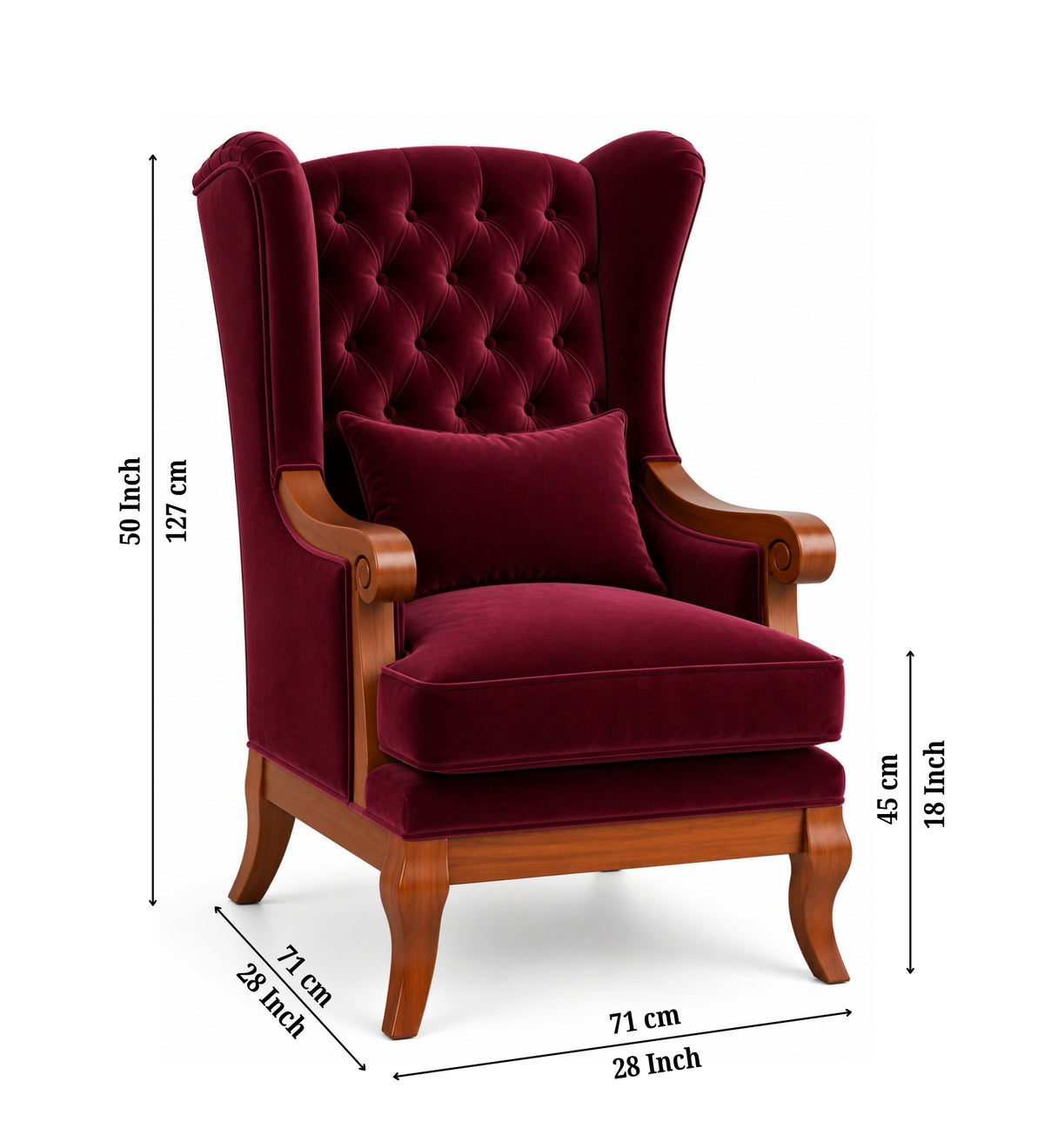 Teak Wood Wing Chair In Maroon Colour