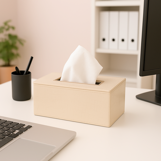 Leather Tissue Box-Croco Cream