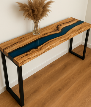 Epoxy Resin Console Table, Live Edge Wood Narrow Entryway Table