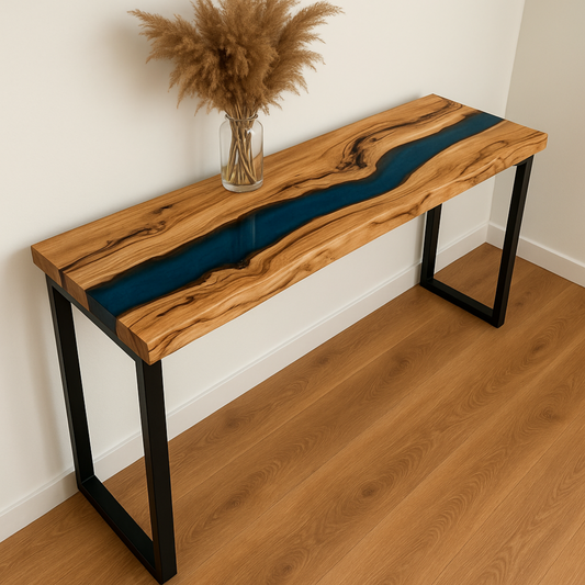 Epoxy Resin Console Table, Live Edge Wood Narrow Entryway Table