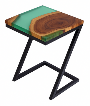 Solid Teak End Table with Green Epoxy Resin