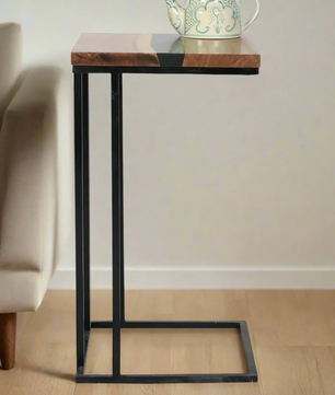 C-Shaped Table – Acacia Wood with Black Resin Finish
