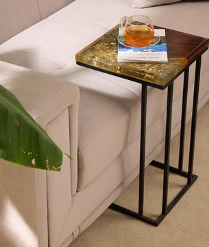C-Shaped Side Table – Teak Wood with Transparent Resin Finish