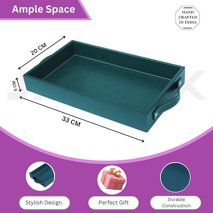 Vegan Leather Rectangular Serving Tray with Handles-Bottle Green