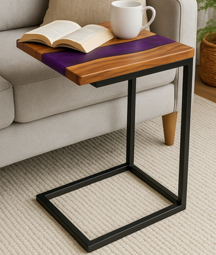 Teak Wood Epoxy End Table – Violet Resin Finish