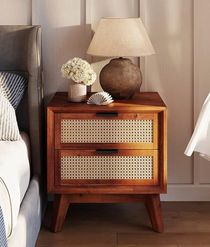 Solid Wood Rattan Nightstand Fully Assembled-Side Table