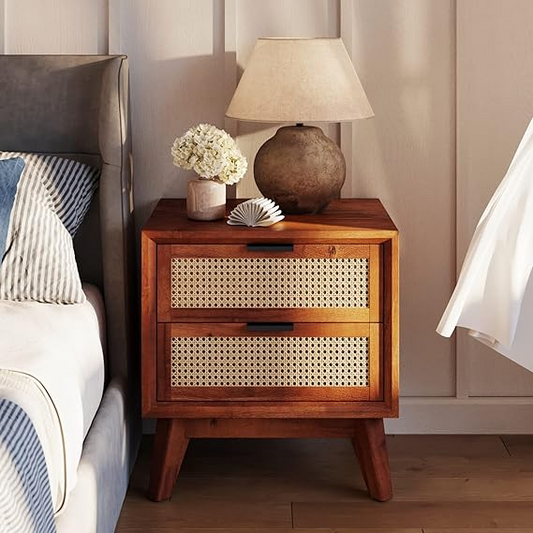 Solid Wood Rattan Nightstand Fully Assembled-Side Table