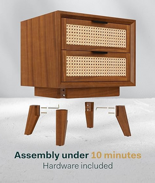 Solid Wood Rattan Nightstand Fully Assembled-Side Table