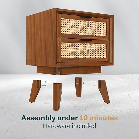 Solid Wood Rattan Nightstand Fully Assembled-Side Table