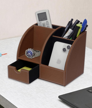 Leather Desk Organizer with Drawer – 4-Compartment