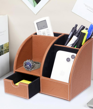 Leather Desk Organizer with Drawer – 4-Compartment