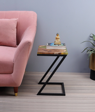 Epoxy Solid Wood End Table – Teak Wood with Lemon Resin Finish