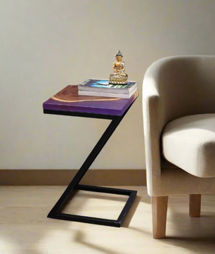 Epoxy Solid Wood End Table – Teak Wood with Violet Resin Finish
