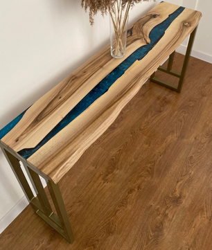 Epoxy Resin Console Table, Live Edge Wood Narrow Entryway Table