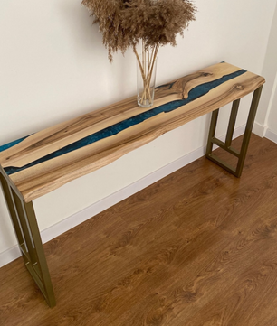 Epoxy Resin Console Table, Live Edge Wood Narrow Entryway Table