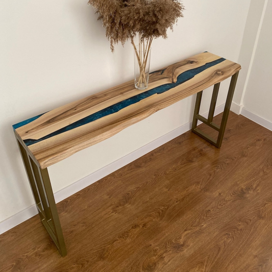 Epoxy Resin Console Table, Live Edge Wood Narrow Entryway Table