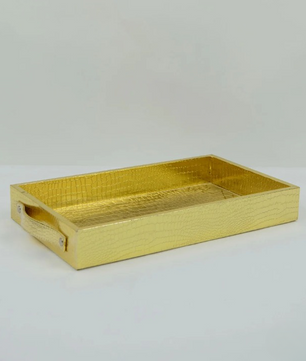 Vegan Leather Rectangular Serving Tray with Handles-Gold