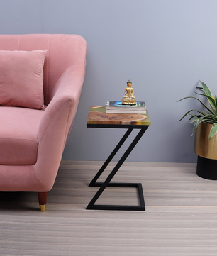 Epoxy Solid Wood End Table – Teak Wood with Lemon Resin Finish
