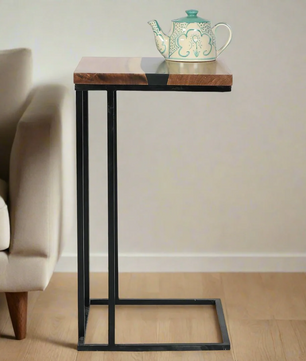 C-Shaped Table – Acacia Wood with Black Resin Finish