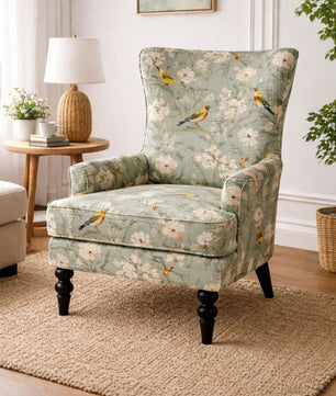 Elegant Sage Aviary Print Wingback Chair