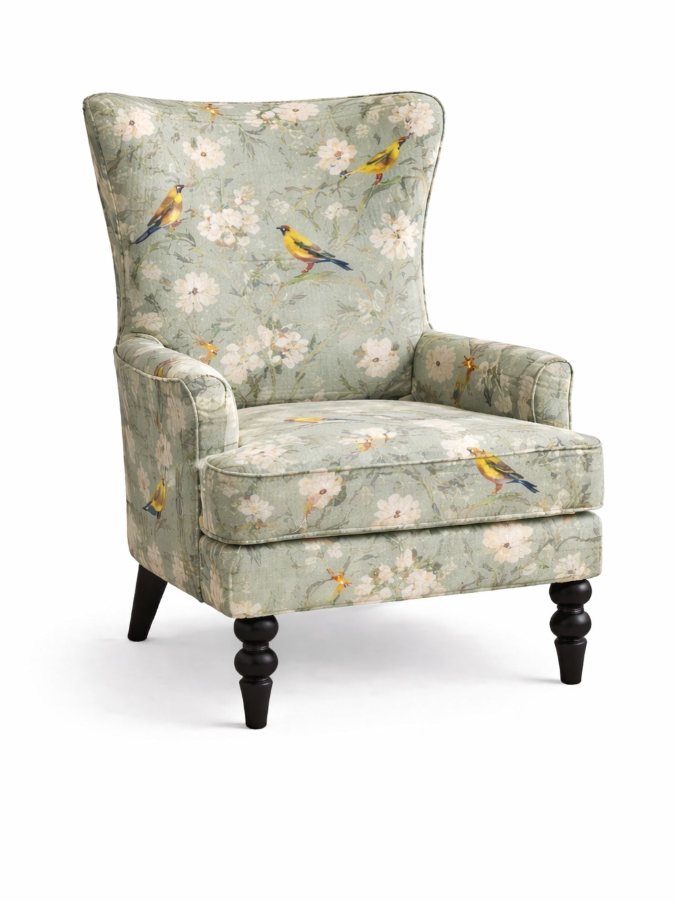 Elegant Sage Aviary Print Wingback Chair