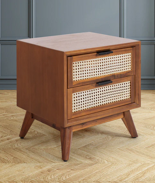 Solid Wood Rattan Nightstand Fully Assembled-Side Table