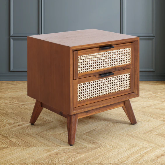 Solid Wood Rattan Nightstand Fully Assembled-Side Table