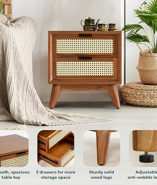 Solid Wood Rattan Nightstand Fully Assembled-Side Table
