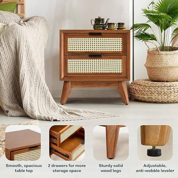 Solid Wood Rattan Nightstand Fully Assembled-Side Table