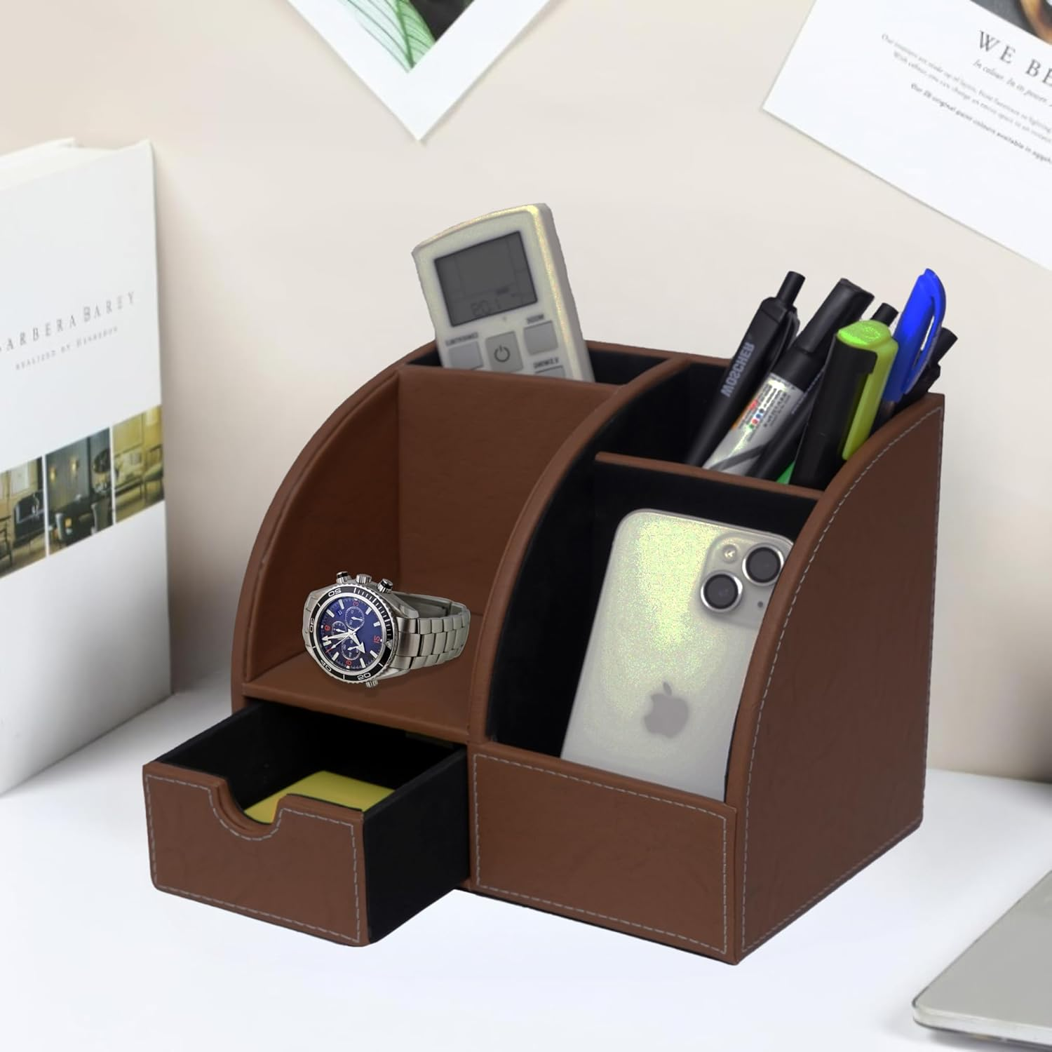 Leather Desk Organizer with Drawer – 4-Compartment