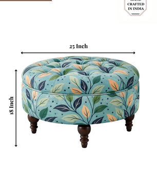 Floral Velvet Round Ottoman Stool with Sagwan Wood Legs