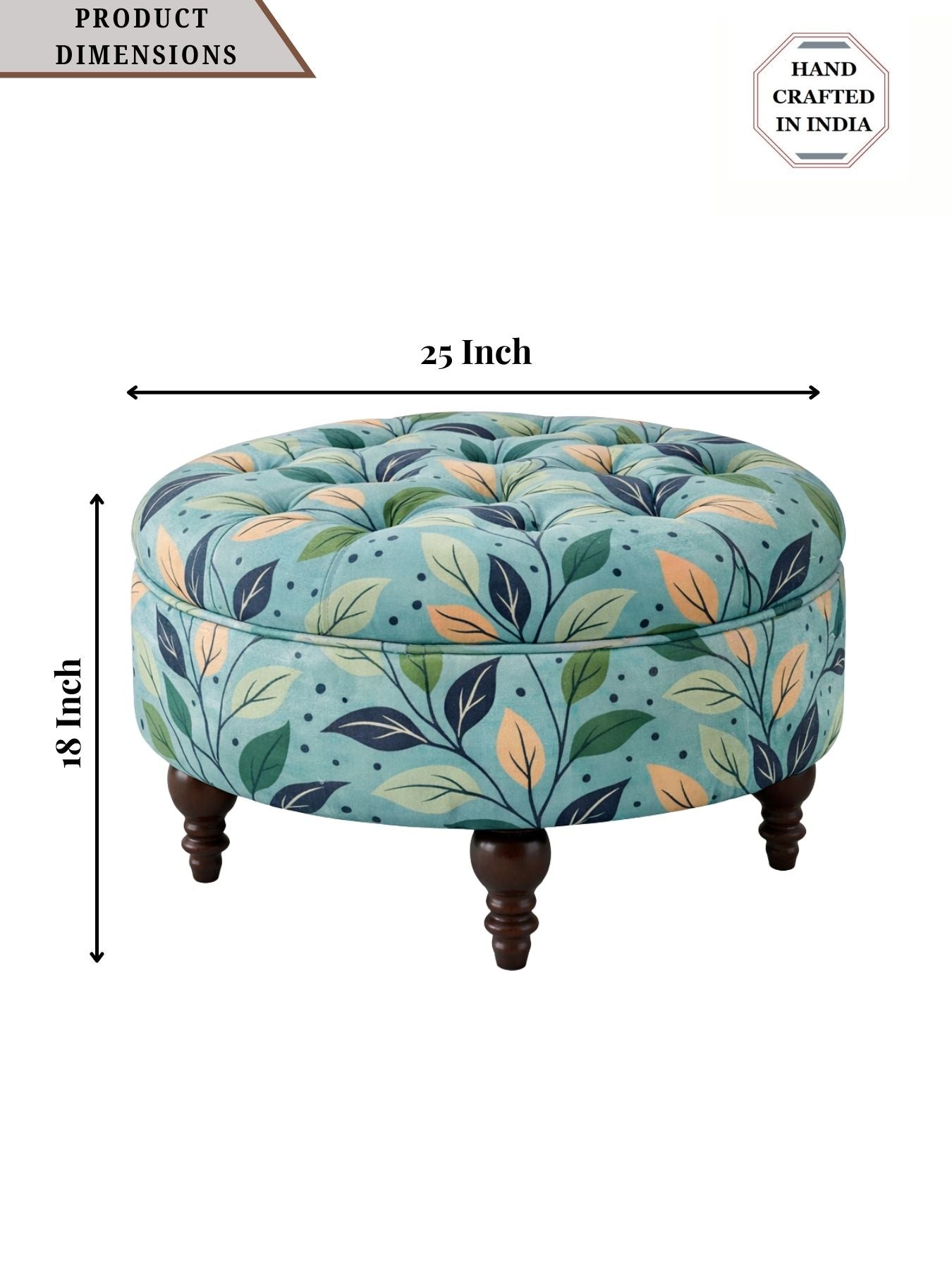 Floral Velvet Round Ottoman Stool with Sagwan Wood Legs