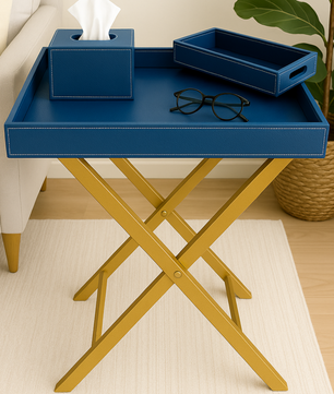 Pu Leather Foldable Tray with Metal Stand - Ink Blue