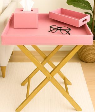 Pu Leather Foldable Tray with Metal Stand - Pink