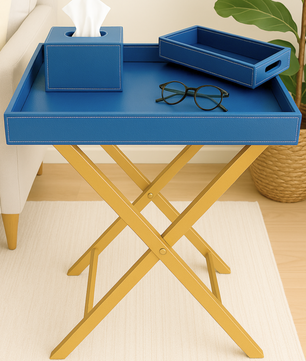 Pu Leather Foldable Tray with Metal Stand - Ink Blue