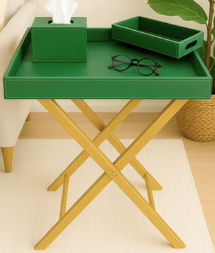 Pu Leather Foldable Tray with Metal Stand-Green