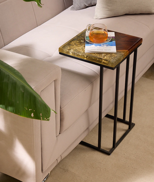 C-Shaped Side Table – Teak Wood with Transparent Resin Finish