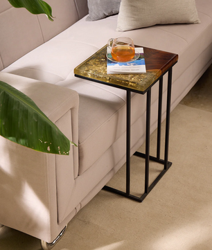 C-Shaped Side Table – Teak Wood with Transparent Resin Finish