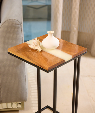 C-Shaped Table – Acacia Wood with White Resin Finish