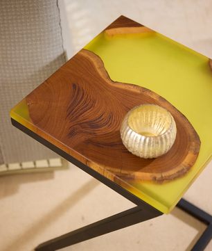 Epoxy Solid Wood End Table – Teak Wood with Lemon Resin Finish