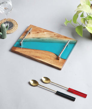 Elegant Wooden Tray - Aqua Resin Design (12